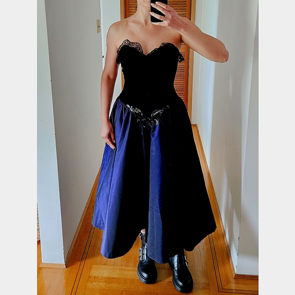 VTG 80s Night Moves Dress 6 Black Velvet Corset Purple Taffeta Skirt Party Goth